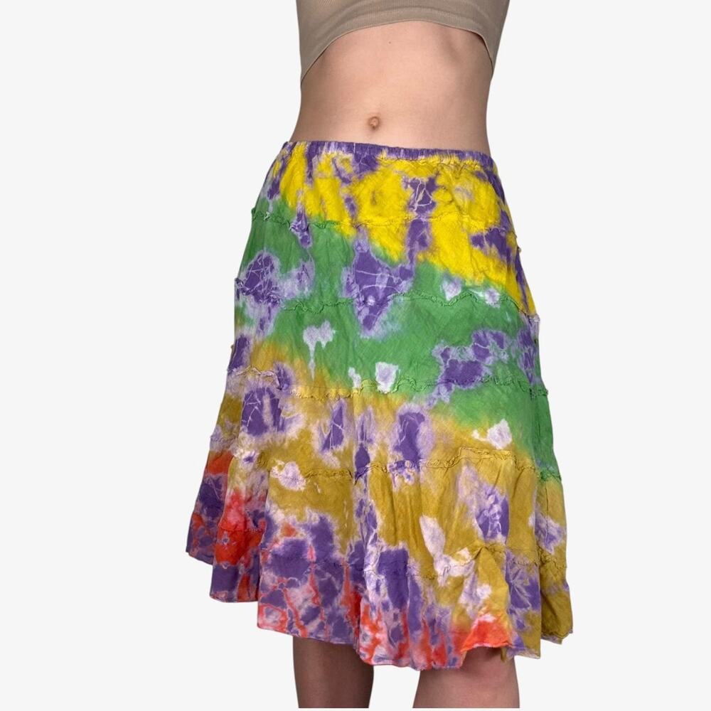 Multicoloured tiered midi skirt tie-dye skirt boho - fits like small / XS